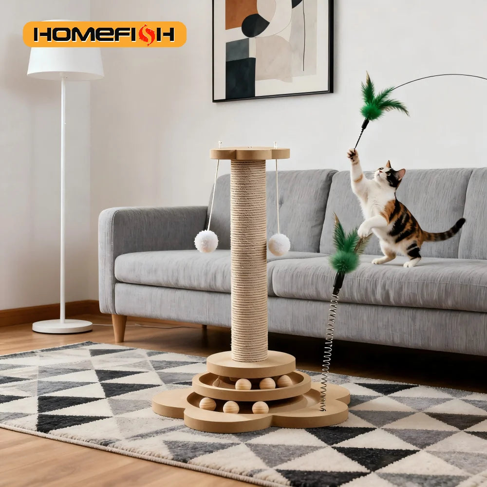 Solid Wood Cat Turntable Toy – Sisal & Balls | PuppyPaw™