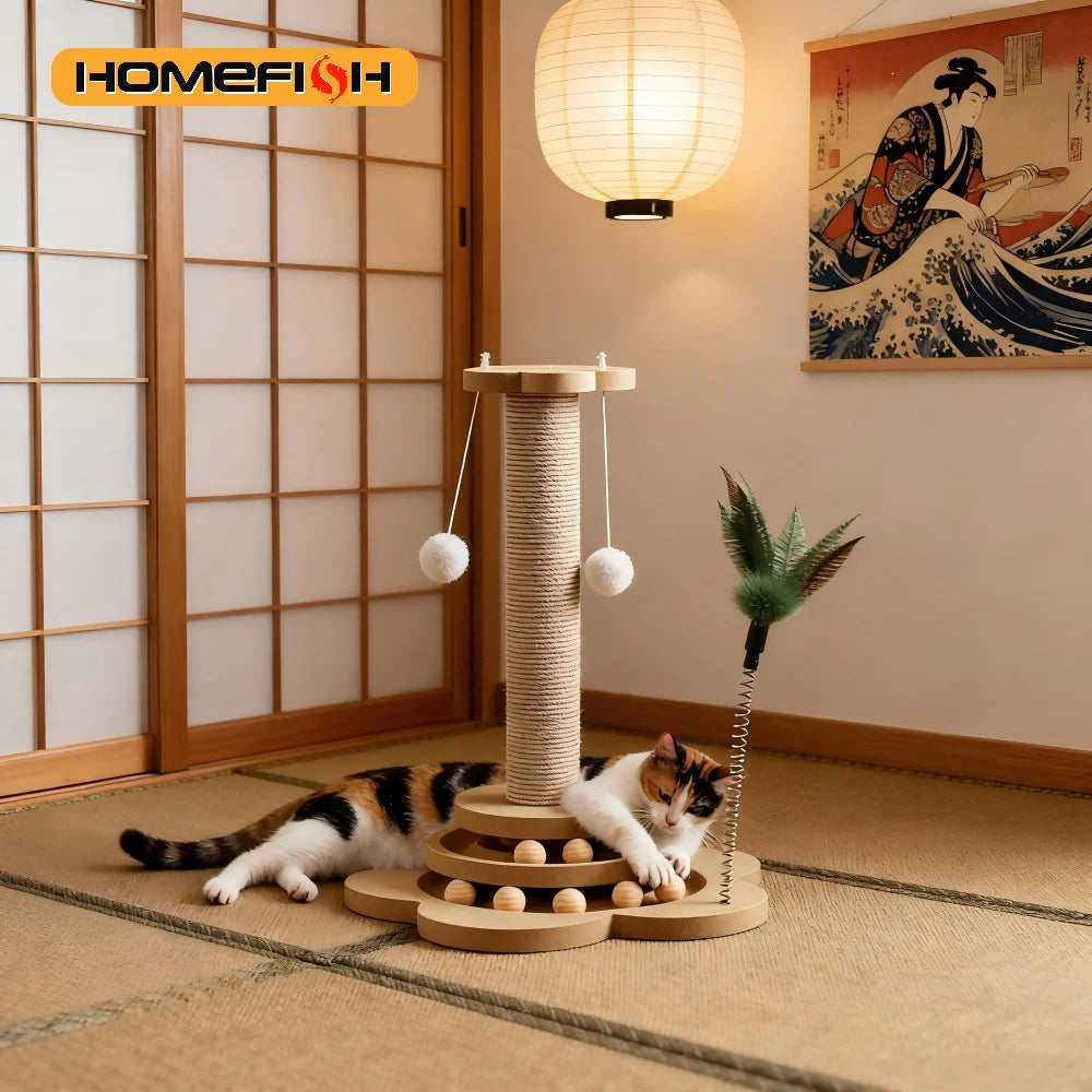 Solid Wood Cat Turntable Toy – Sisal & Balls | PuppyPaw™