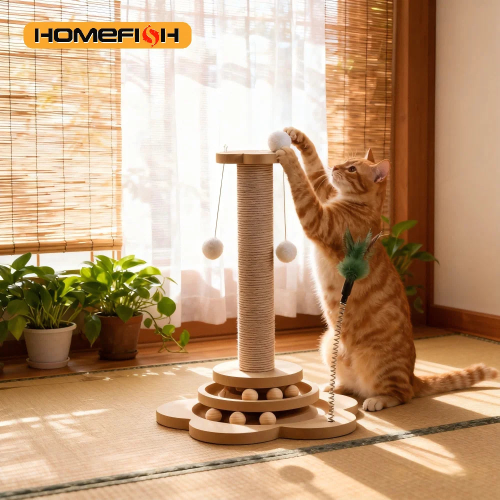 Solid Wood Cat Turntable Toy – Sisal & Balls | PuppyPaw™