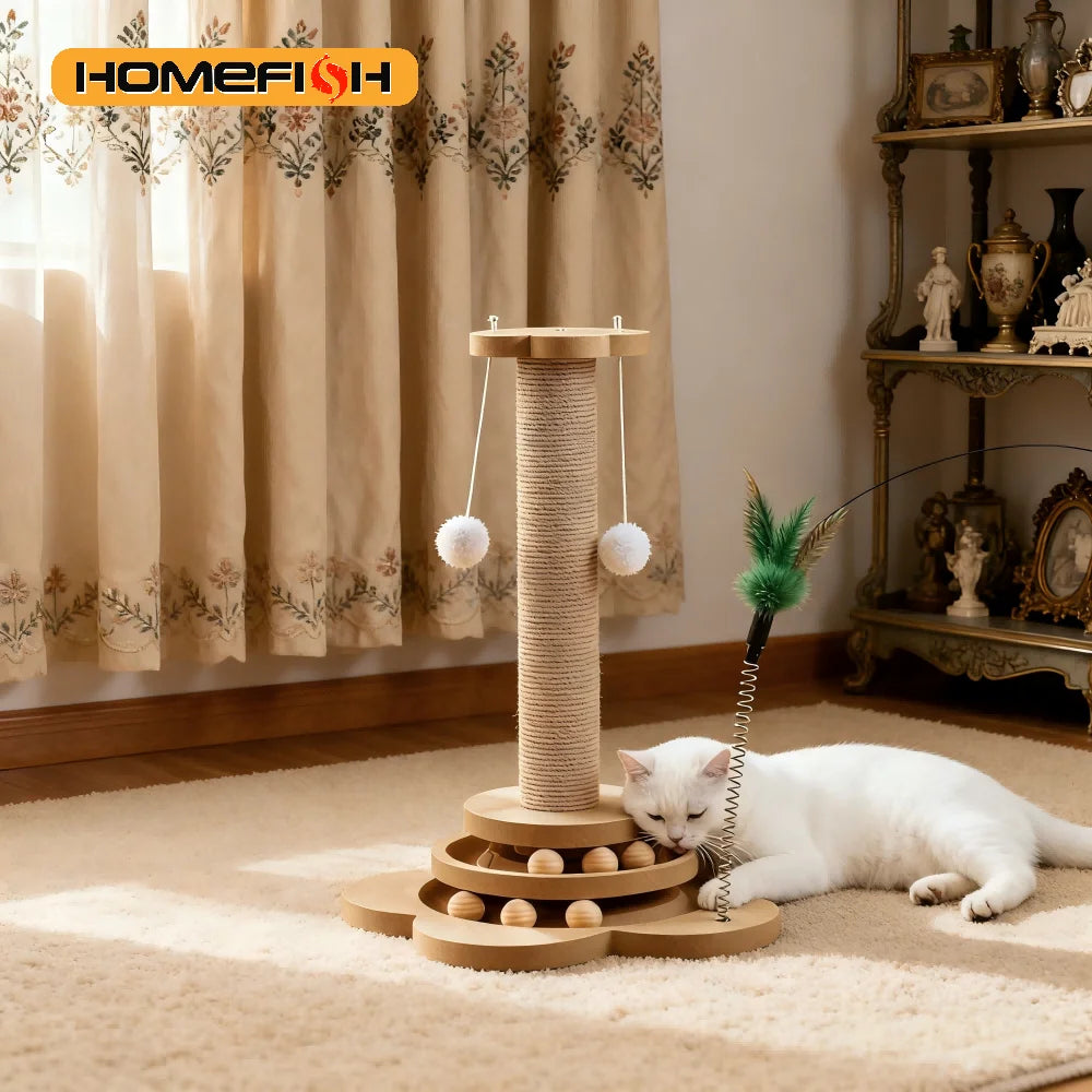 Solid Wood Cat Turntable Toy – Sisal & Balls | PuppyPaw™