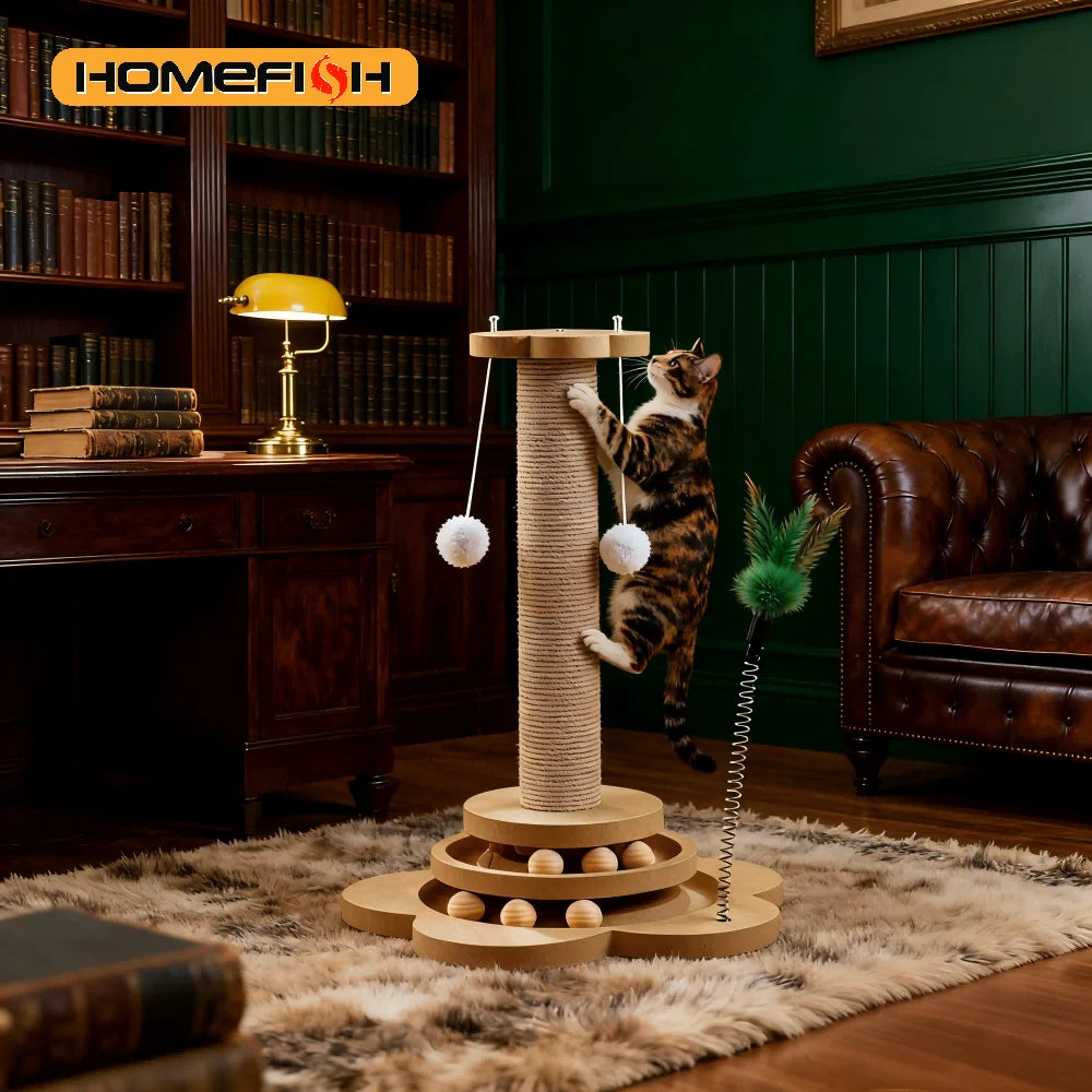 Solid Wood Cat Turntable Toy – Sisal & Balls | PuppyPaw™