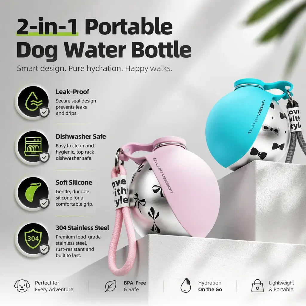 Dog Stainless Steel Travel Bottle – 2-in-1 Bowl | PuppyPaw™